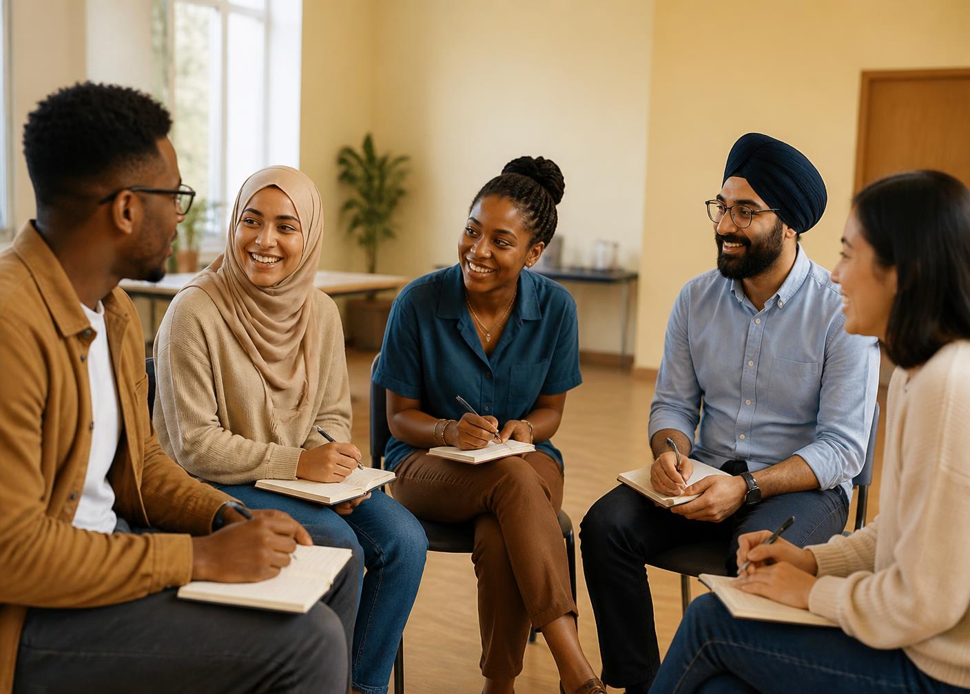 Young adults of different faiths and backgrounds in a workshop circle